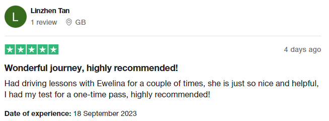 Had driving lessons with Ewelina for a couple of times, she is just so nice and helpful, I had my test for a one-time pass, highly recommended!